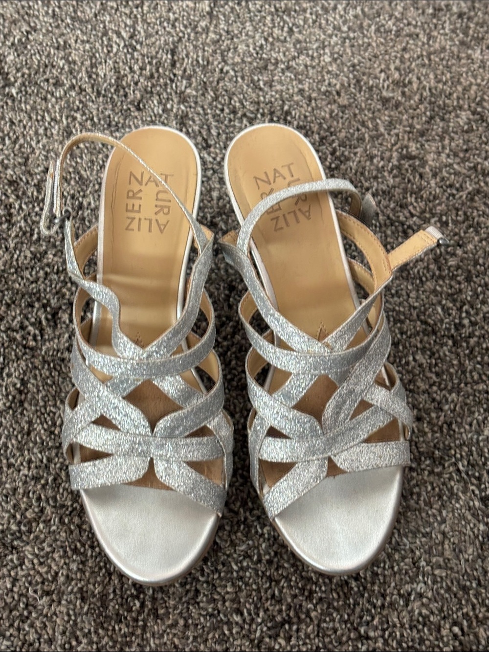 Naturalizer Silver Glitter Strappy Sandal Heels